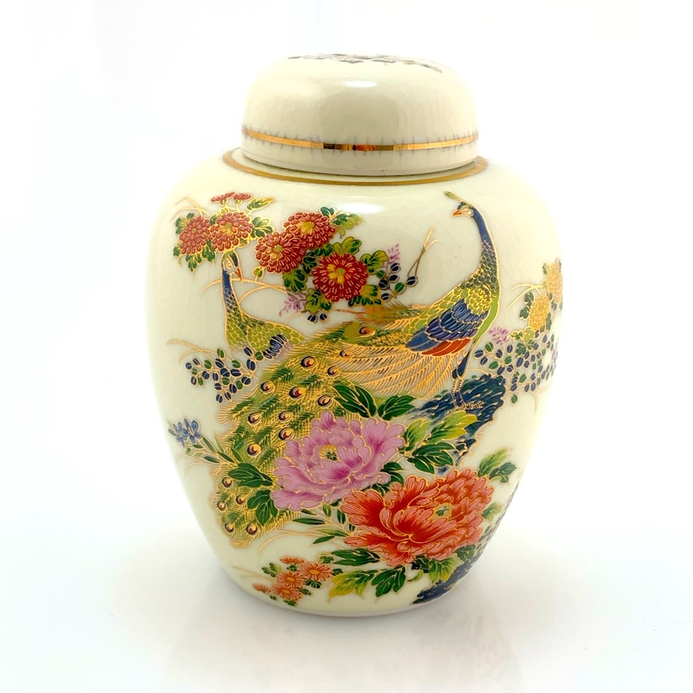 Vintage gingerjar peacock-floral porcelain.